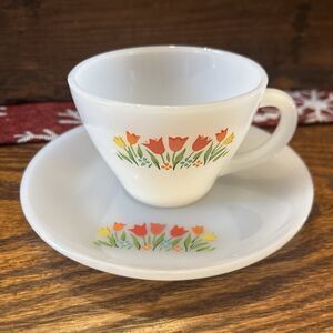 Milk Glass Fire King Saucer & Cup Multicolor Tulips Flowers Anchor Hocking